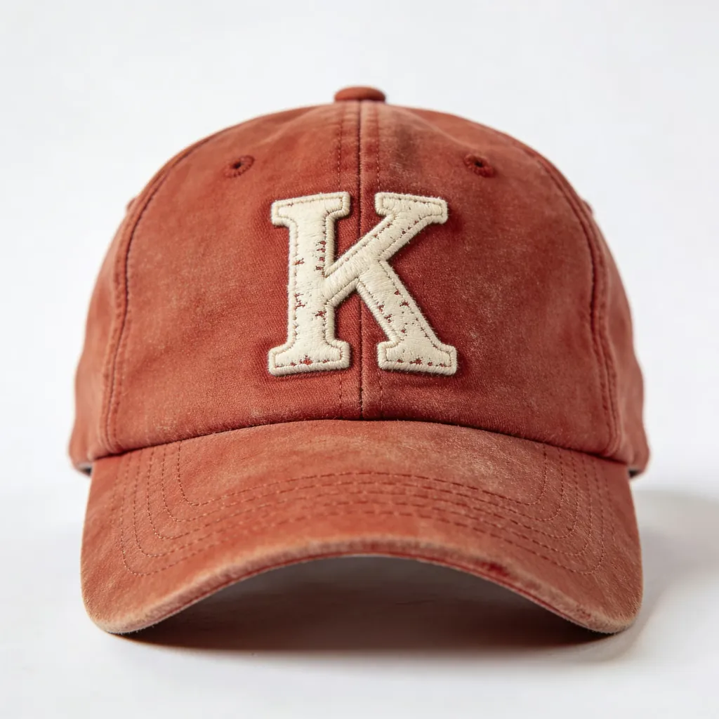 AI-generated studio packshot of a red K baseball cap on a white background