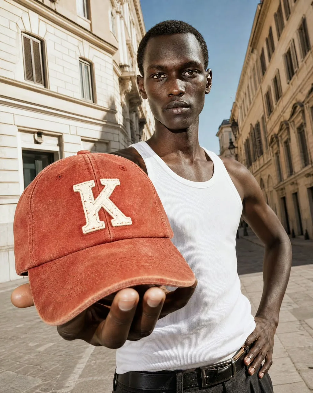 AI-generated editorial shot of a model holding out a red K baseball cap on a sunlit city street