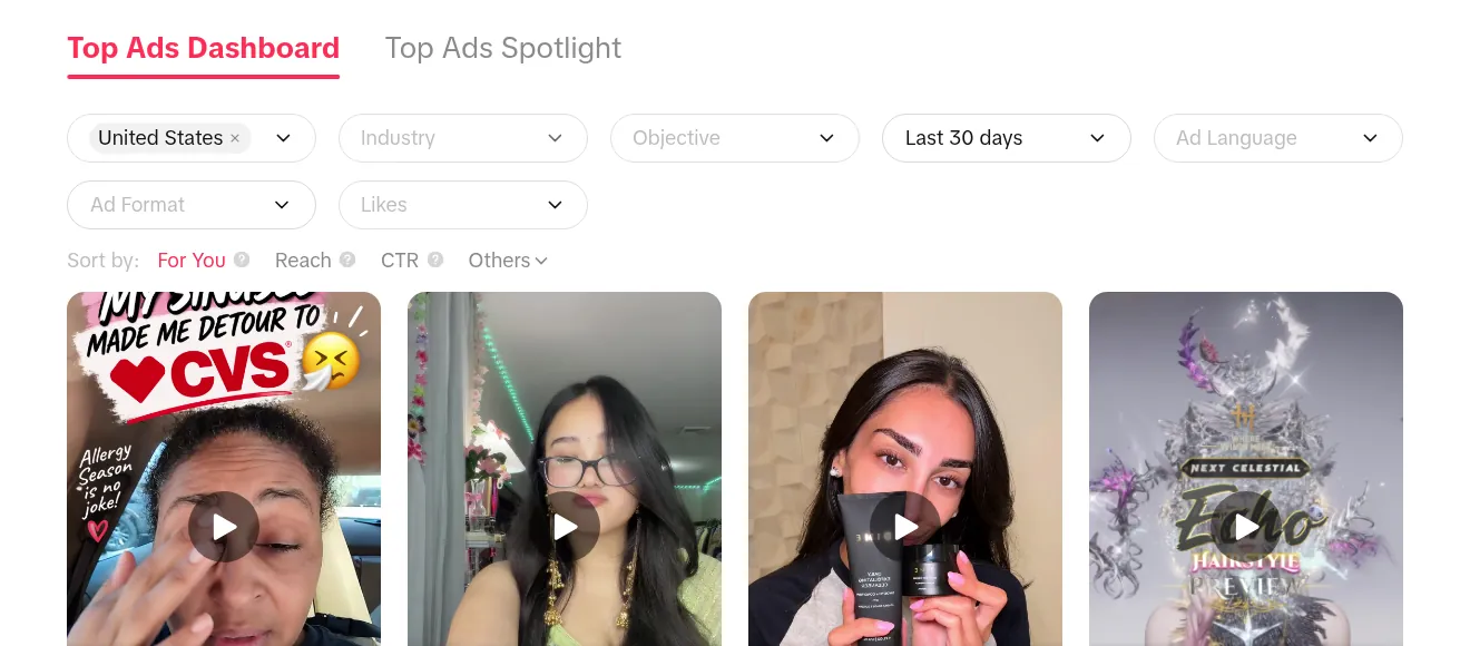 TikTok Creative Center Top Ads dashboard with United States and Last 30 days filters, sort options and a row of video ad cards