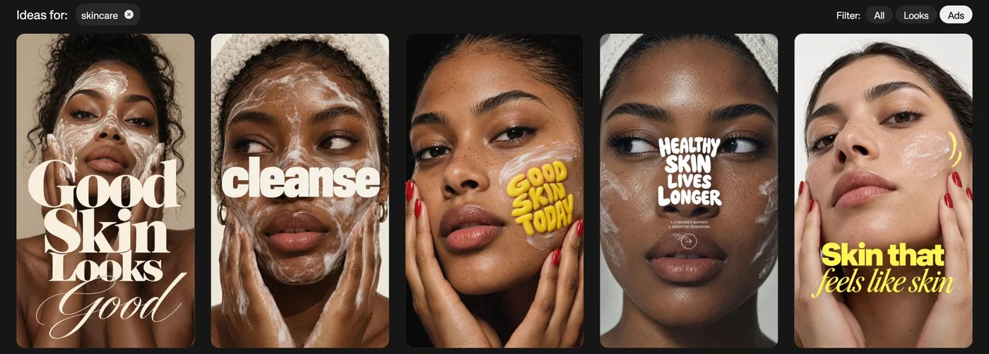 Kive Ideas search for skincare with the Ads filter selected, showing skincare ad layouts with headline text over model photos