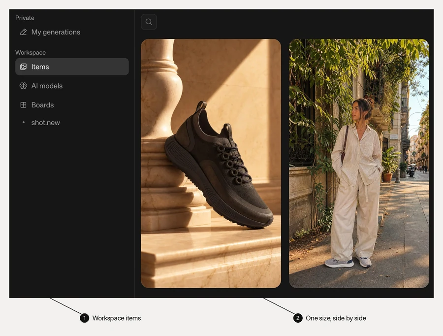 The Kive Organize view with the workspace rail on the left and two generated images laid out at the same size