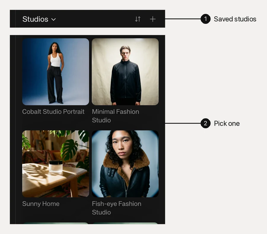 The Studios panel open in Kive, showing named presets Cobalt Studio Portrait, Minimal Fashion Studio, Sunny Home and Fish-eye Fashion Studio