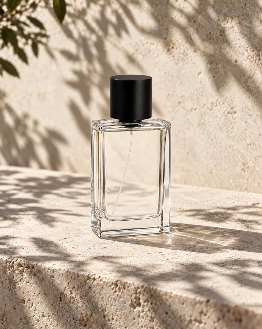 A clear rectangular glass perfume bottle with a black cap on a pale stone ledge, with leaf shadows falling across the stone and wall