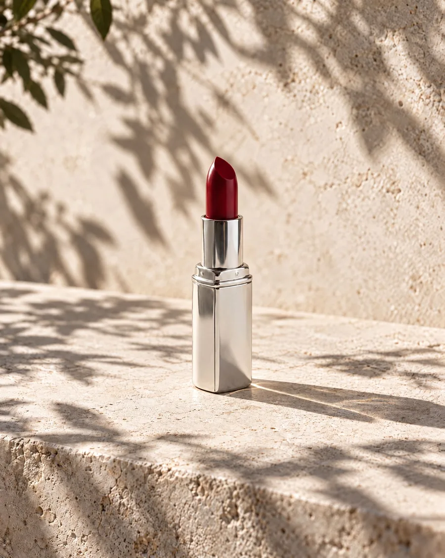 The same stone ledge, leaf shadows and light, with a red lipstick in a silver tube standing where the perfume bottle was