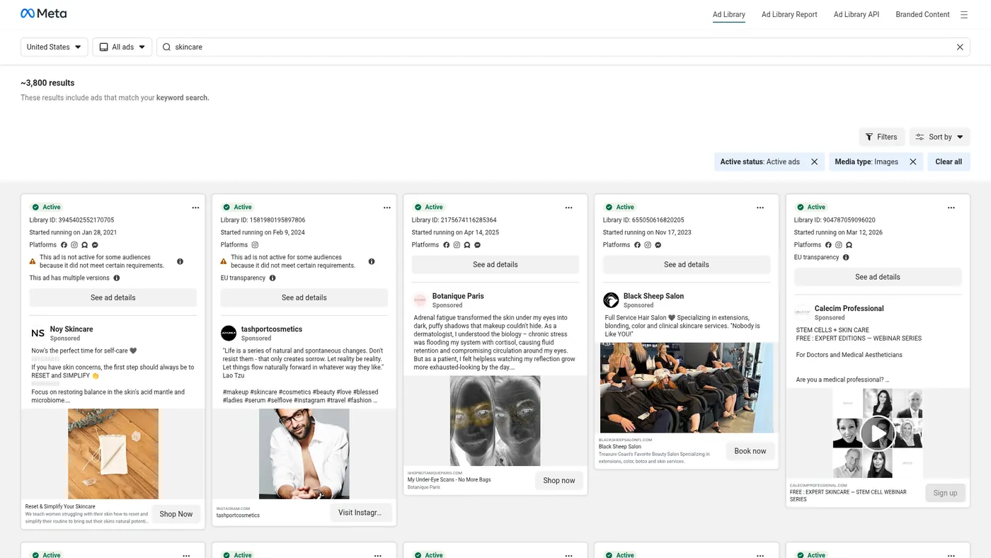Meta Ad Library keyword search for skincare in the United States, filtered to active image ads, showing ad cards with start dates and platforms
