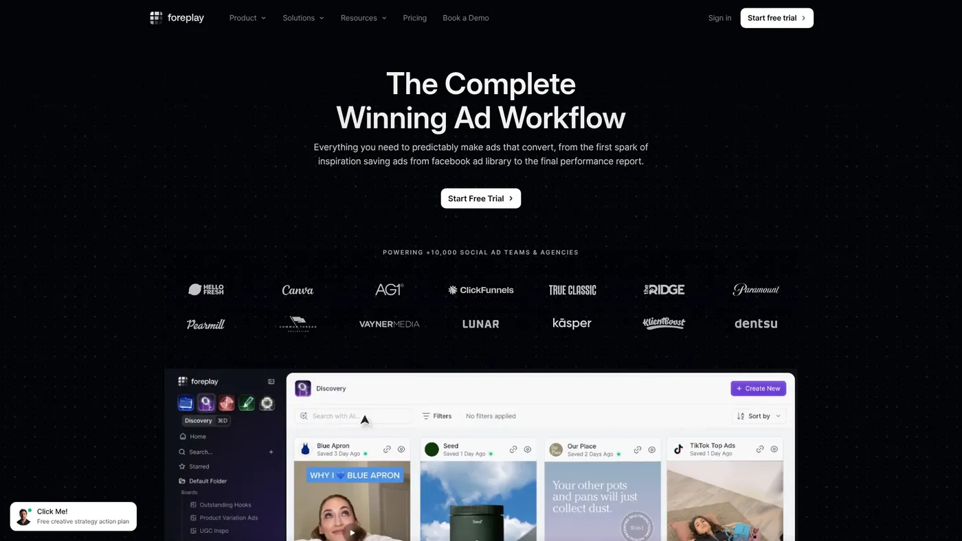Foreplay homepage with the headline The Complete Winning Ad Workflow above a preview of its ad library app