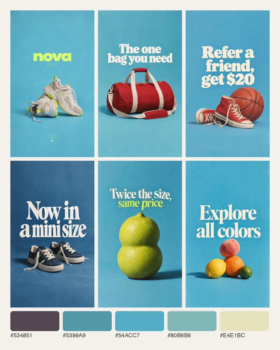 Mood board of six poster-style ads on flat blue backgrounds, each with a short serif headline above one object such as sneakers, a red duffel bag or a lime, above a palette of blues and cream