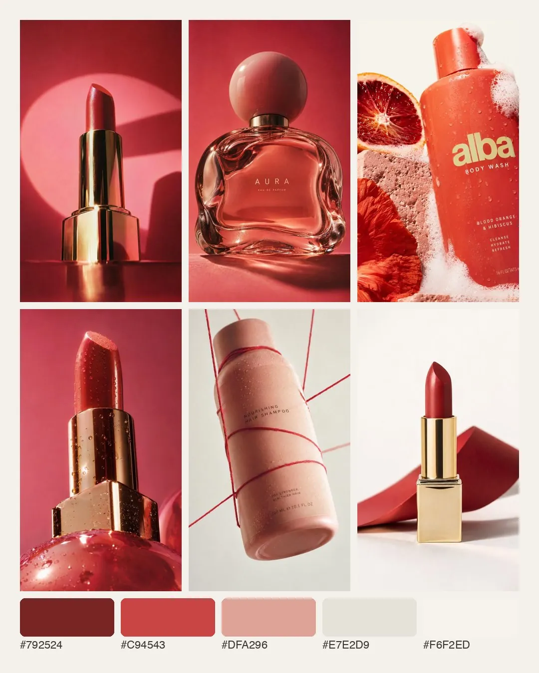 Mood board of six beauty product photos: lipsticks in gold cases, a pink perfume bottle, a blood-orange body wash and a shampoo bottle wrapped in red string above a palette from deep red to cream