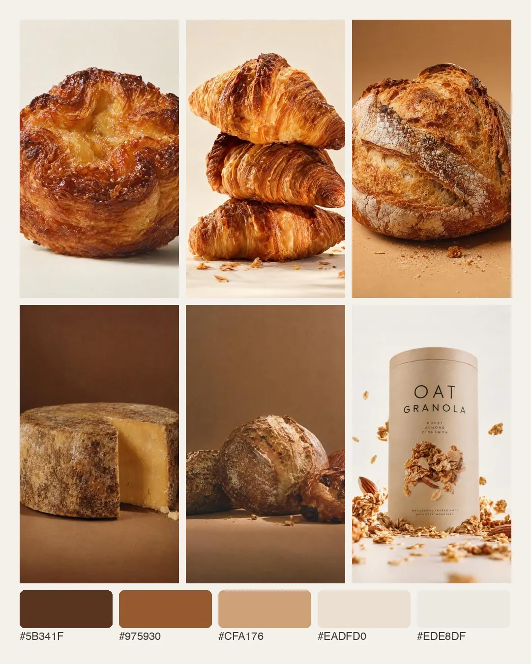 Mood board of six warm food photos: a kouign-amann, stacked croissants, sourdough loaves, a cut wheel of cheese and a kraft granola tin above a palette from chocolate brown to cream