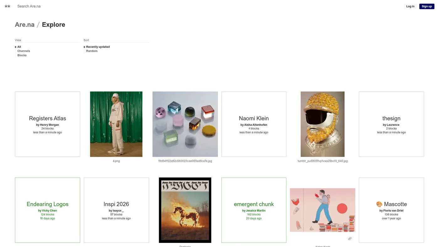 Are.na Explore page showing a grid of public channels and saved image blocks