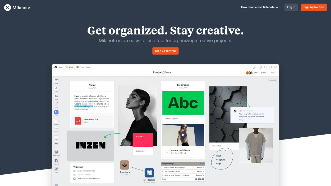 Milanote homepage with a preview board of reference photos, text notes and type samples arranged on a canvas