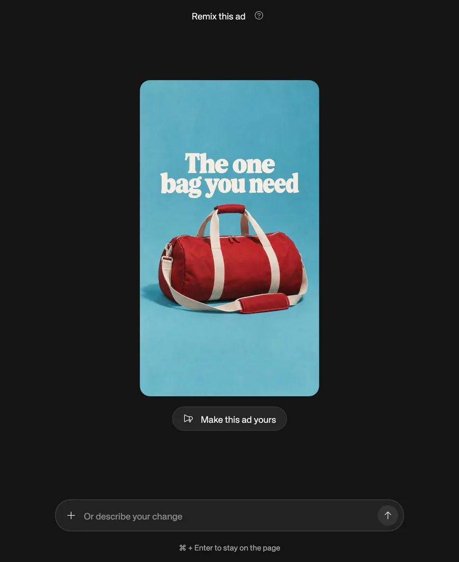 An open ad idea in Kive with the Make this ad yours button below the ad image and a describe-your-change field underneath