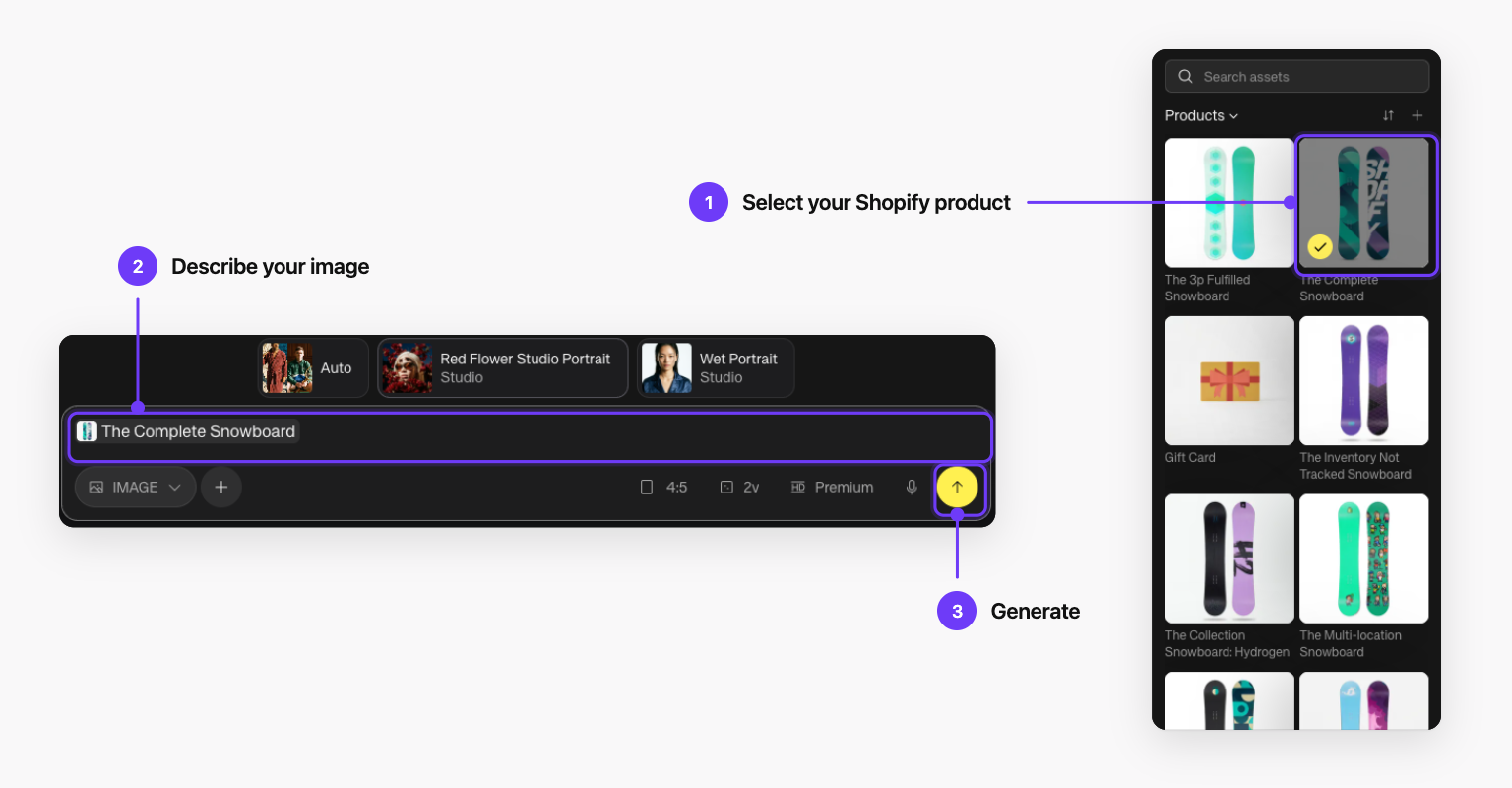 Kive Create page with a Shopify product selected in the Products panel, the prompt field and Generate