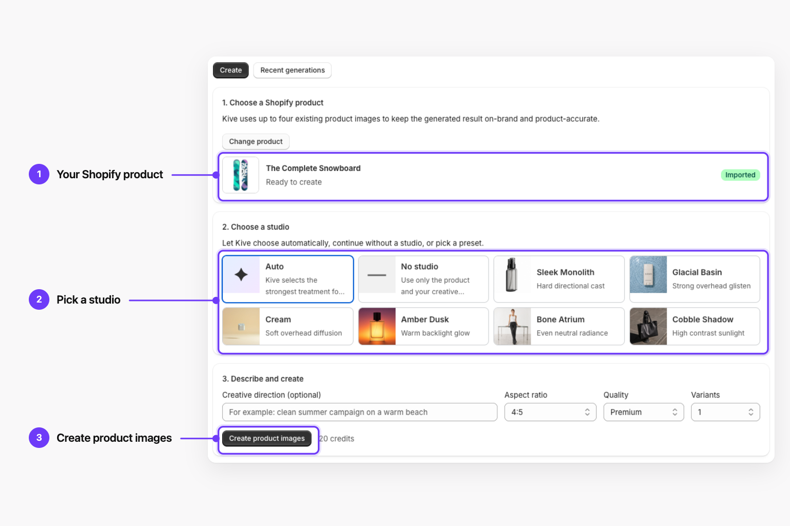 Kive creator embedded in the Shopify admin: an imported Shopify product, the studio picker and the Create product images button