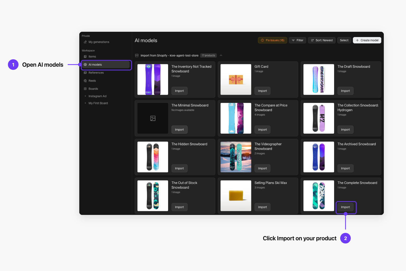 AI models page in Kive with the Import from Shopify section listing store products and an Import button on The Complete Snowboard