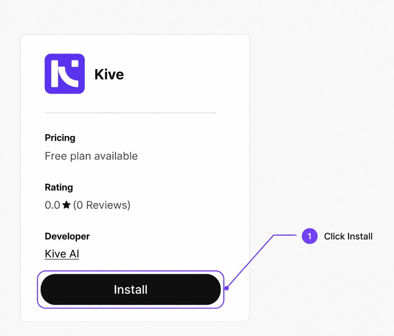 Kive listing on the Shopify App Store with a callout pointing to Install
