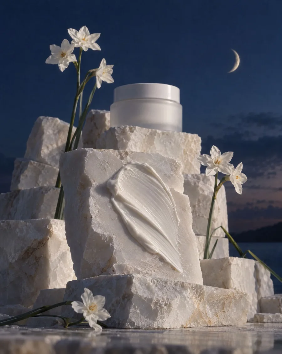 A thick white cream swatch smeared across pale stone blocks, with an unbranded cream jar on top and white flowers against a night sky