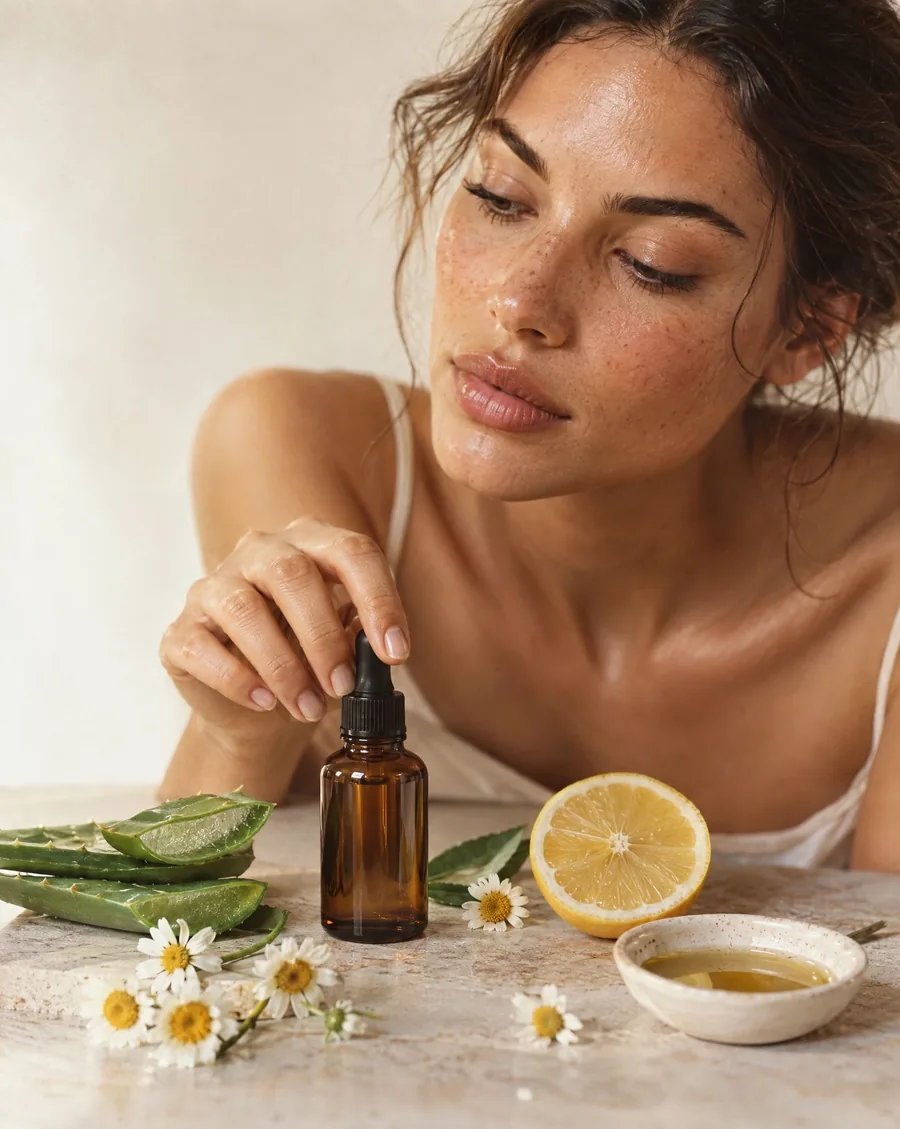 A woman holding an amber dropper bottle over a table set with sliced aloe, a halved lemon, chamomile flowers and a dish of oil