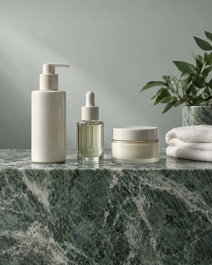 An unbranded cleanser pump bottle, serum dropper and cream jar lined up on a green marble shelf beside folded towels and a plant