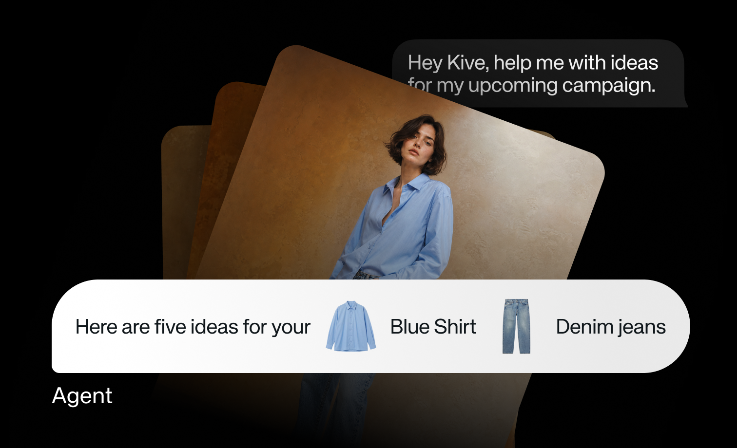 The Kive Creative Agent replying to a campaign brief with product chips for a blue shirt and denim jeans