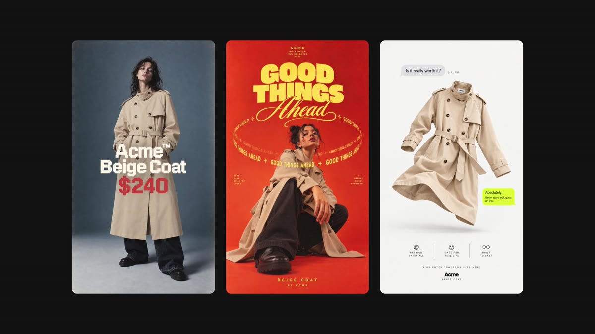Three different ad designs for the same Acme beige coat