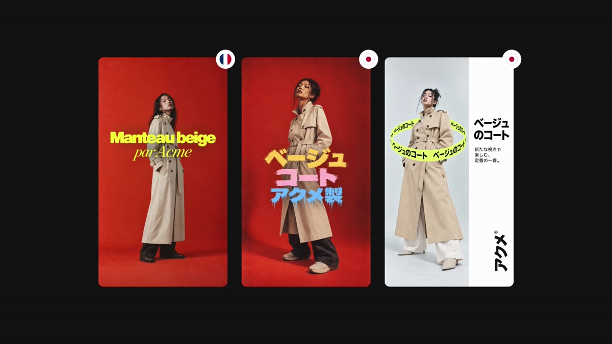 French and Japanese versions of product ads for the same beige coat