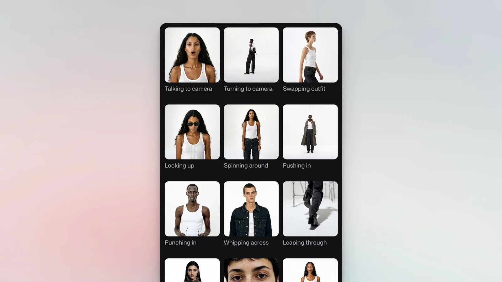 Kive Video Presets gallery with motion presets including Talking to camera, Turning to camera, Swapping outfit, Looking up, Spinning around, and Pushing in.
